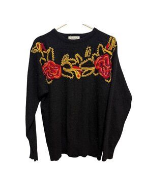 Eminent Womens Black Sweater With Red Yellow Floral Embroidery Wool Blend Medium